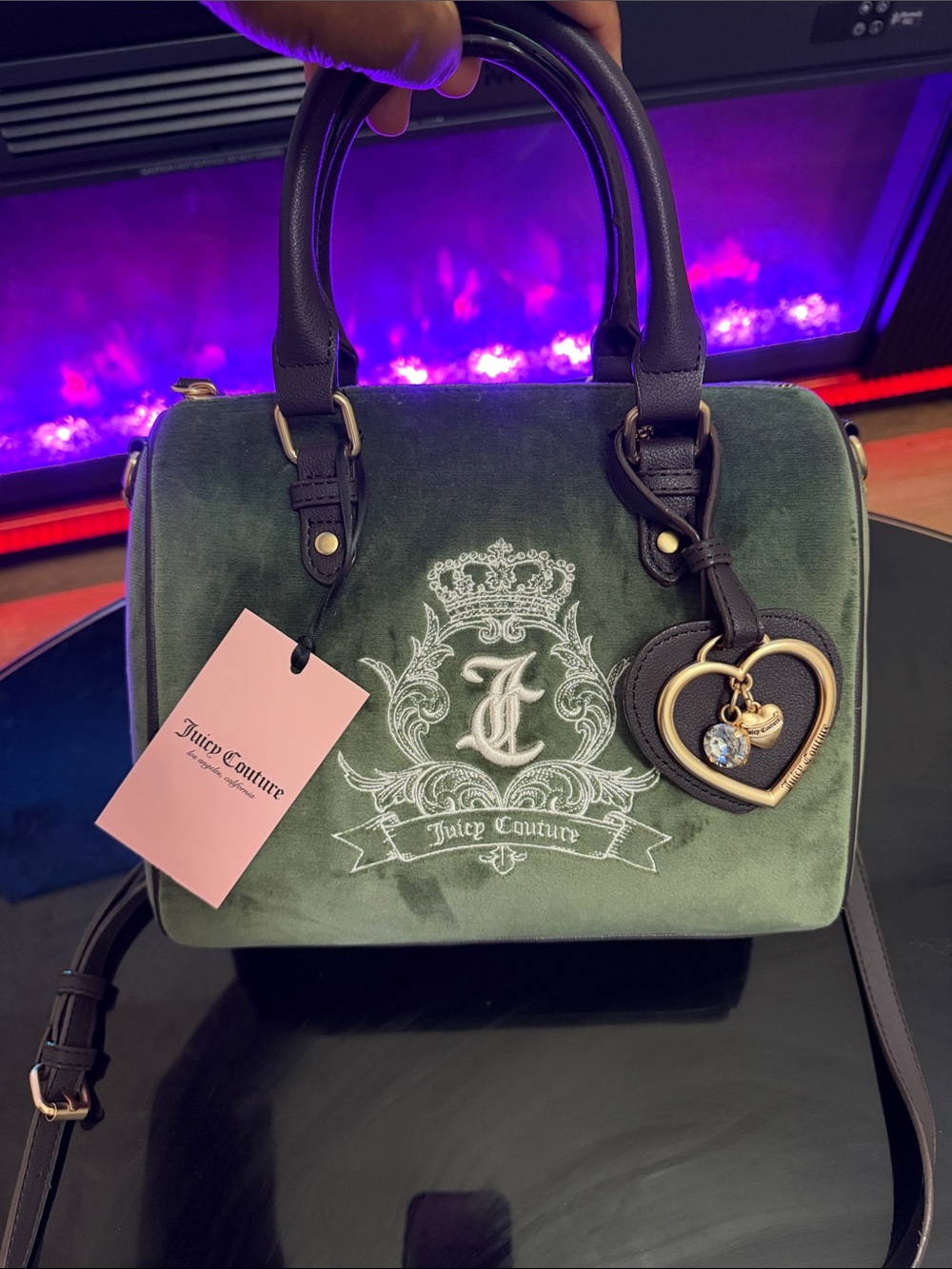 Juicy Couture Green Velvet Satchel with Heart Charm and Crest